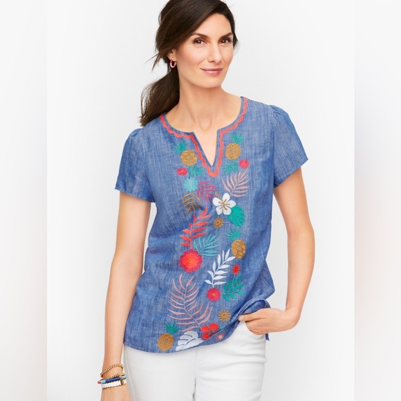 Talbots Tops - Talbots Embroidered Linen Cotton Split Neck Top Women 1X Floral Pineapple Beach